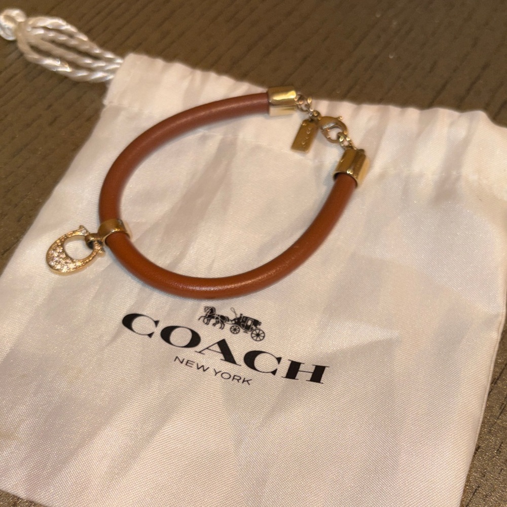 Coach Tan Leather Bracelet with Gold Charm